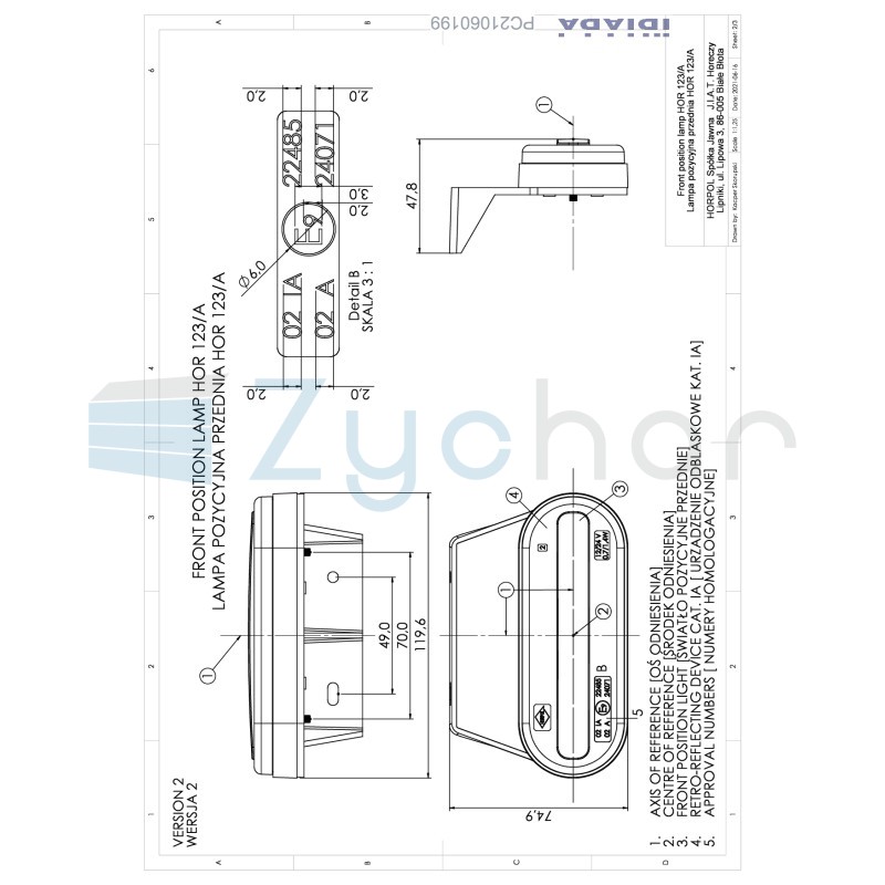 Lampa pozycyjna z wieszakiem i odblaskiem LD 2773