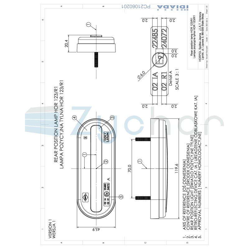 Lampa pozycyjna z wieszakiem i odblaskiem LD 2775