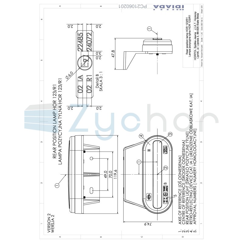Lampa pozycyjna z wieszakiem i odblaskiem LD 2775