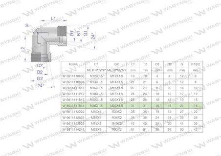 Kolanko hydrauliczne metryczne BB M26x1.5 18L (XW) Waryński-62548