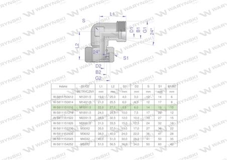 Kolanko hydrauliczne metryczne AB M16x1.5 10L (XEVW) Waryński ( sprzedawane po 5 )-61346