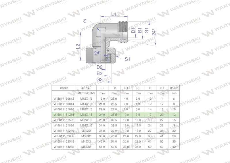 Kolanko hydrauliczne metryczne AB M18x1.5 12L (XEVW) Waryński ( sprzedawane po 5 )-61340