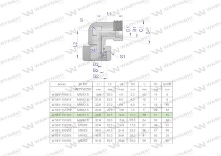 Kolanko hydrauliczne metryczne AB M22x1.5 15L (XEVW) Waryński ( sprzedawane po 5 )-61292
