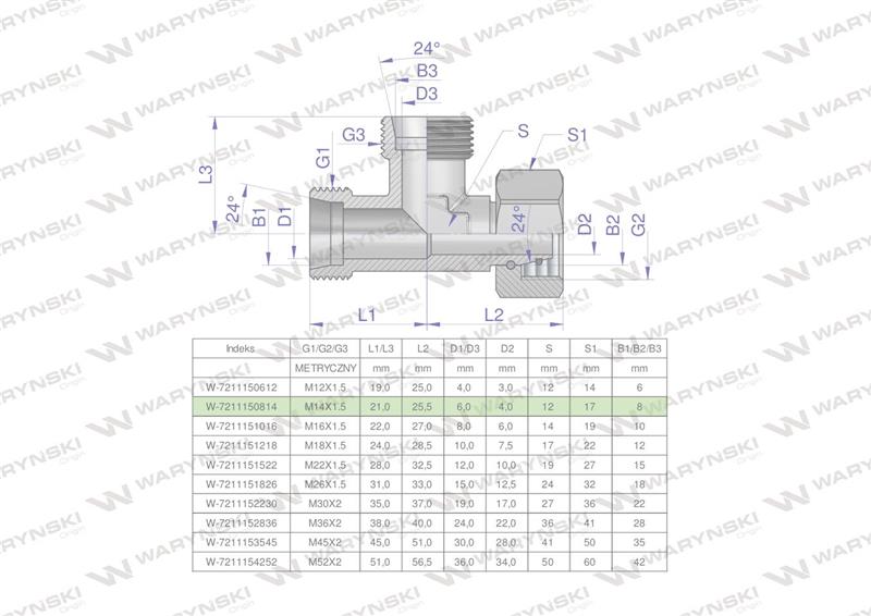 Trójnik hydrauliczny niesymetryczny metryczny BBA M14x1.5 08L (XEVL) Waryński ( sprzedawane po 2 )-61102