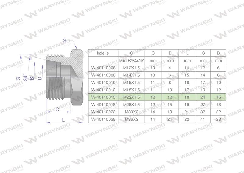 Korek hydrauliczny metryczny (na klucz) M22x1.5 15L Waryński ( sprzedawane po 10 )-60712