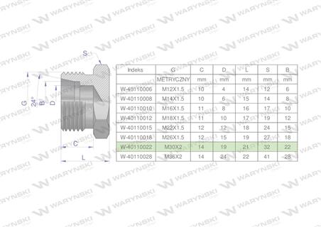 Korek hydrauliczny metryczny (na klucz) M30x2 22L Waryński ( sprzedawane po 2 )-60702