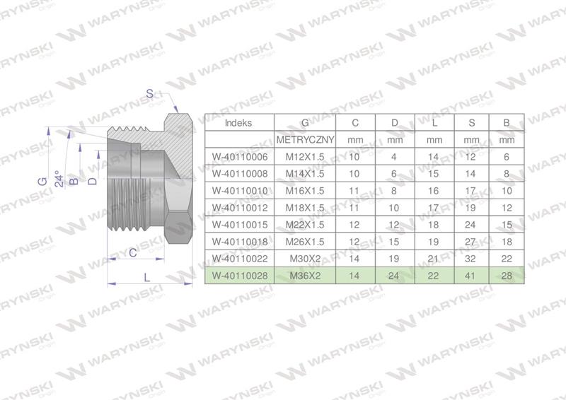 Korek hydrauliczny metryczny (na klucz) M36x2 28L Waryński ( sprzedawane po 2 )-60707