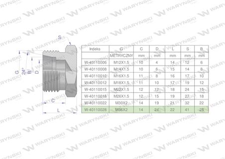 Korek hydrauliczny metryczny (na klucz) M36x2 28L Waryński ( sprzedawane po 2 )-60707