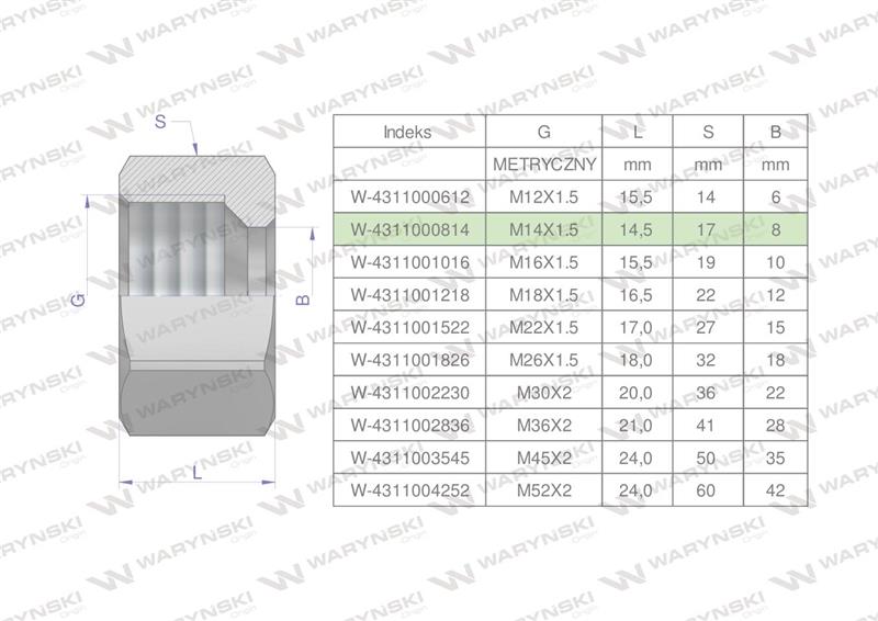 Nakrętka hydrauliczna metryczna (M08L) M14x1.5 08L Waryński ( sprzedawane po 20 )-60767