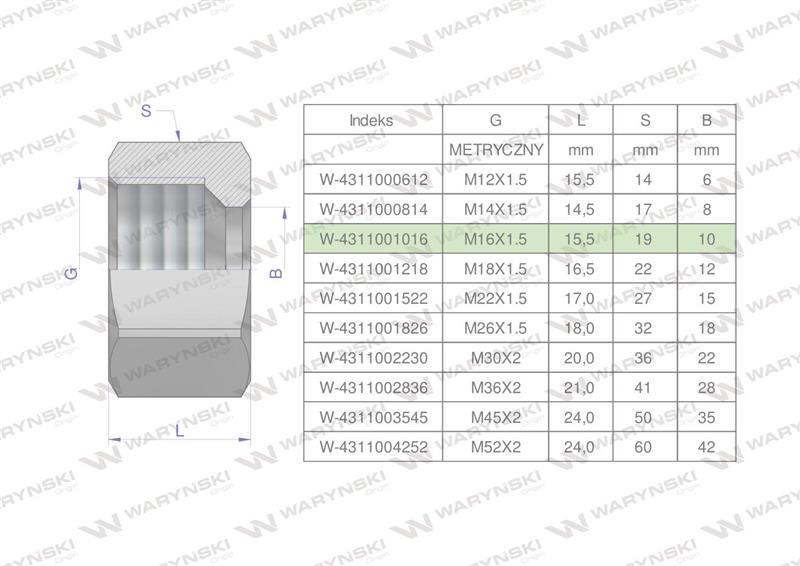 Nakrętka hydrauliczna metryczna (M10L) M16x1.5 10L Waryński ( sprzedawane po 20 )-60732