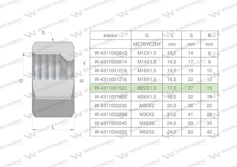 Nakrętka hydrauliczna metryczna (M15L) M22x1.5 15L Waryński ( sprzedawane po 20 )-60722
