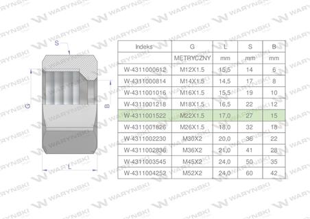Nakrętka hydrauliczna metryczna (M15L) M22x1.5 15L Waryński ( sprzedawane po 20 )-60722