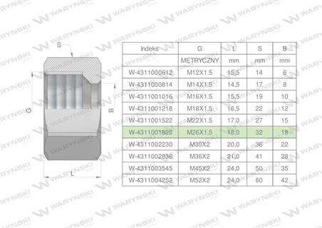 Nakrętka hydrauliczna metryczna (M18L) M26x1.5 18L Waryński ( sprzedawane po 10 )-60773