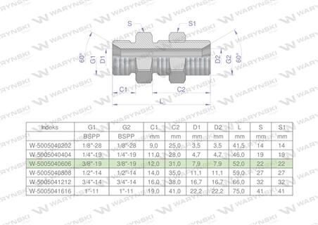 Złączka hydrauliczna calowa grodziowa BB 3/8" BSP z przeciwnakrętką (XSV) Waryński ( sprzedawane po 2 )-60261