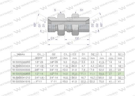 Złączka hydrauliczna calowa grodziowa BB 1/2" BSP z przeciwnakrętką (XSV) Waryński ( sprzedawane po 2 )-60267