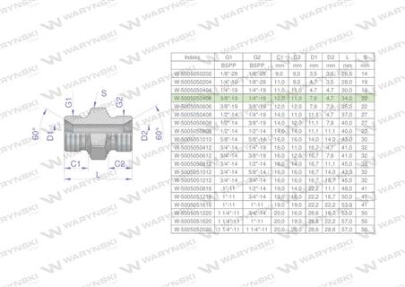 Złączka hydrauliczna redukcyjna calowa BB 3/8" x 1/4" BSP Waryński ( sprzedawane po 10 )-62056