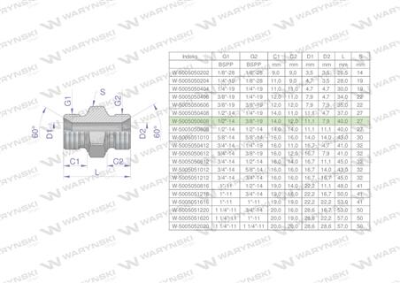 Złączka hydrauliczna redukcyjna calowa BB 3/8" x 1/2" BSP Waryński ( sprzedawane po 10 )-62044