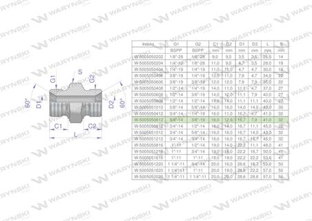 Złączka hydrauliczna redukcyjna calowa BB 3/8" x 3/4" BSP Waryński ( sprzedawane po 2 )-62038