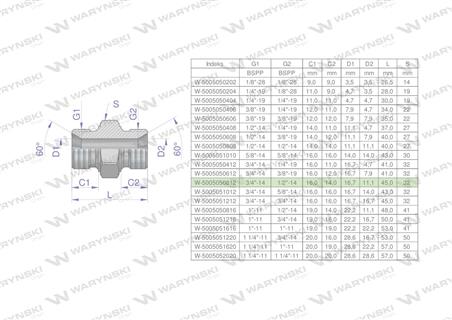 Złączka hydrauliczna redukcyjna calowa BB 1/2" x 3/4" BSP Waryński ( sprzedawane po 5 )-62072