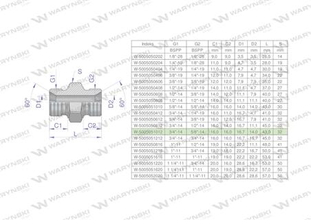 Złączka hydrauliczna redukcyjna calowa BB 5/8" x 3/4" BSP Waryński-62083