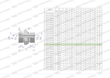 Przyłączka hydrauliczna BB (XGE) M22x1.5 15L x 1/2" BSP ED Waryński ( sprzedawane po 10 )-61683