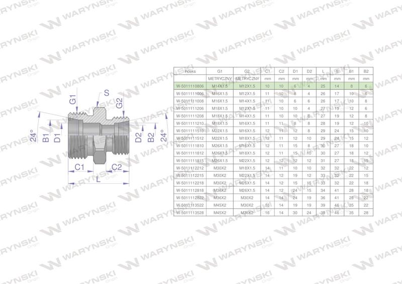 Złączka hydrauliczna redukcyjna metryczna BB M14x1.5 08L / M12x1.5 06L (XG) Waryński ( sprzedawane po 5 )-62124