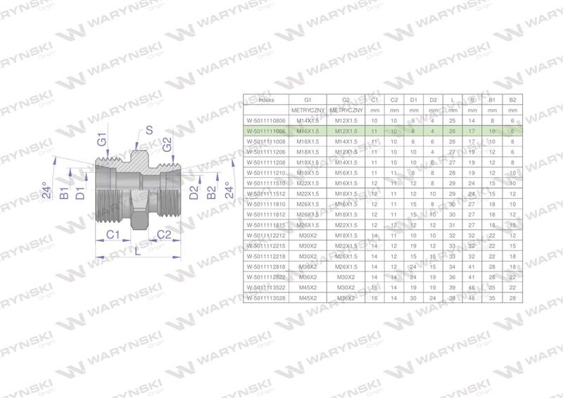 Złączka hydrauliczna redukcyjna metryczna BB M16x1.5 10L / M12x1.5 06L (XG) Waryński ( sprzedawane po 5 )-62129