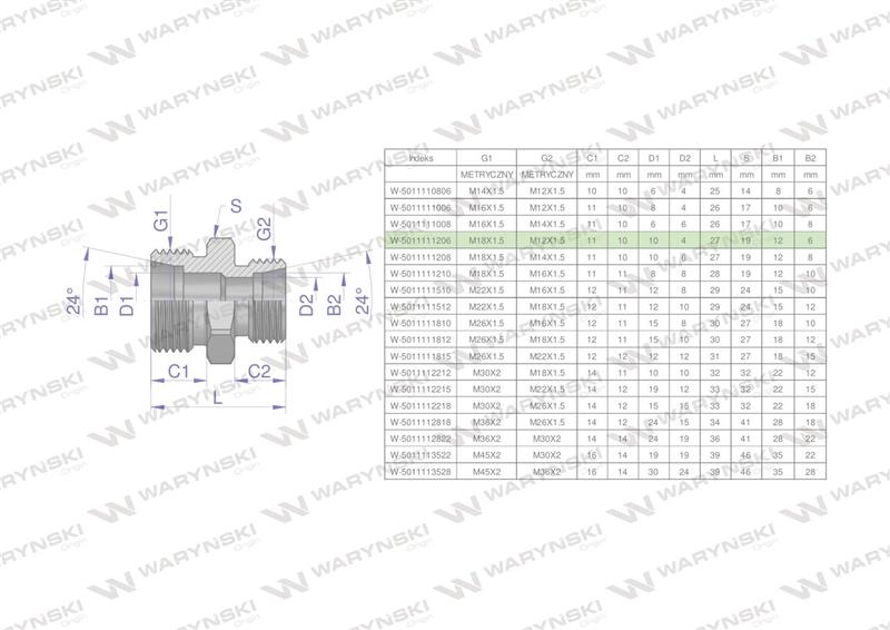 Złączka hydrauliczna redukcyjna metryczna BB M18x1.5 12L / M12x1.5 06L (XG) Waryński ( sprzedawane po 5 )-62140
