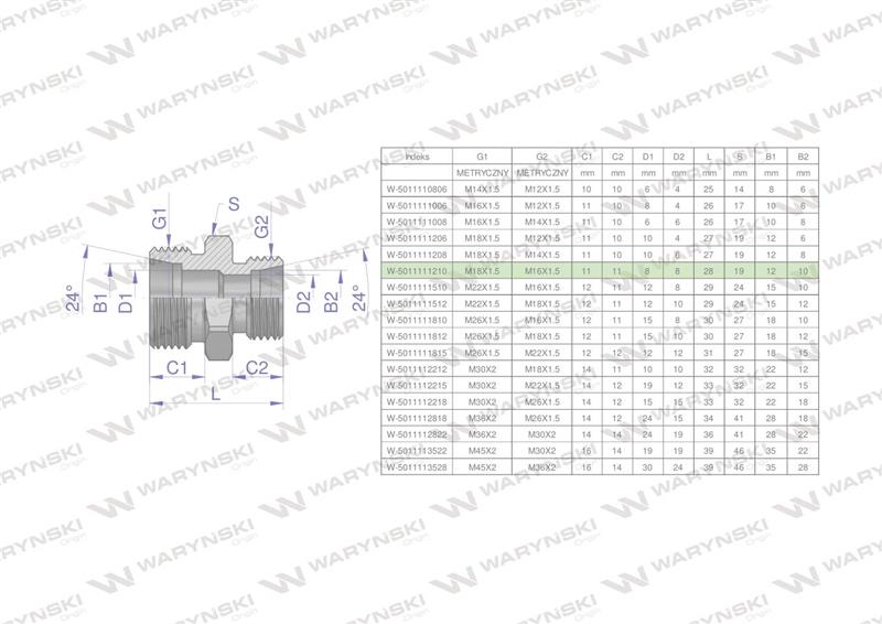 Złączka hydrauliczna redukcyjna metryczna BB M18x1.5 12L / M16x1.5 10L (XG) Waryński ( sprzedawane po 10 )-62118