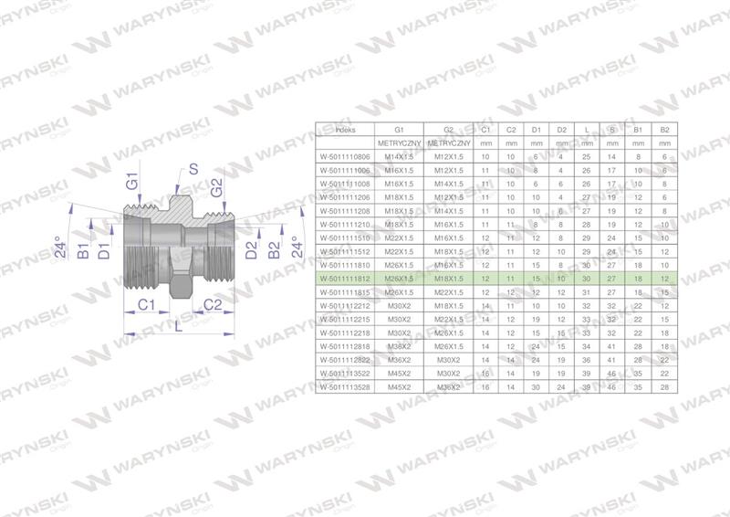 Złączka hydrauliczna redukcyjna metryczna BB M26x1.5 18L / M18x1.5 12L (XG) Waryński ( sprzedawane po 2 )-62158