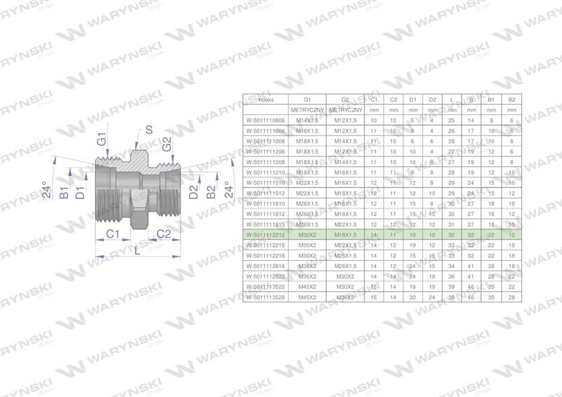 Złączka hydrauliczna redukcyjna metryczna BB M30x2 22L / M18x1.5 12L (XG) Waryński-62170