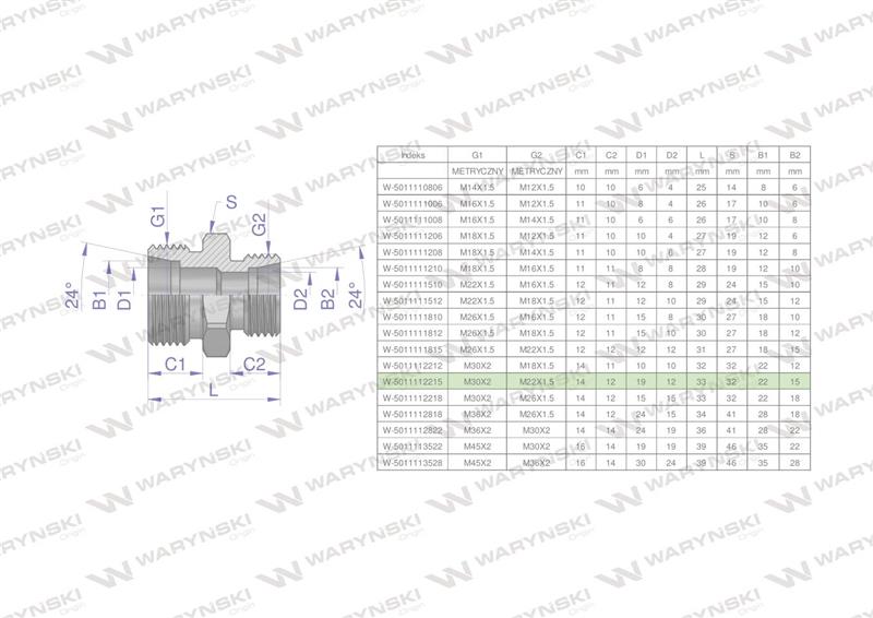 Złączka hydrauliczna redukcyjna metryczna BB M30x2 22L / M22x1.5 15L (XG) Waryński-62173