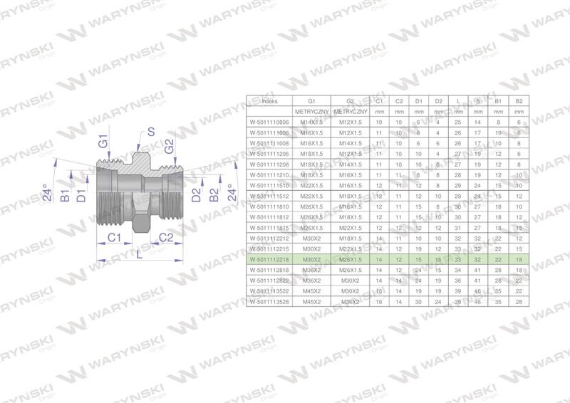 Złączka hydrauliczna redukcyjna metryczna BB M30x2 22L / M26x1.5 18L (XG) Waryński-62179