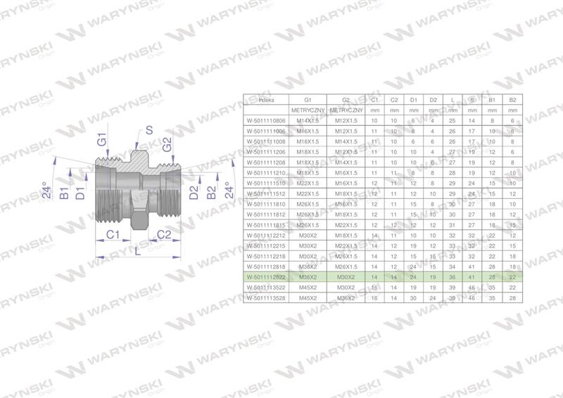 Złączka hydrauliczna redukcyjna metryczna BB M36x2 28L / M30x2 22L (XG) Waryński-62189