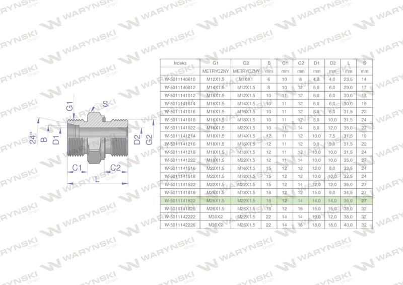 Przyłączka hydrauliczna metryczna BB (XGE) M26x1.5 18L x M22x1.5 ED Waryński ( sprzedawane po 2 )-61649