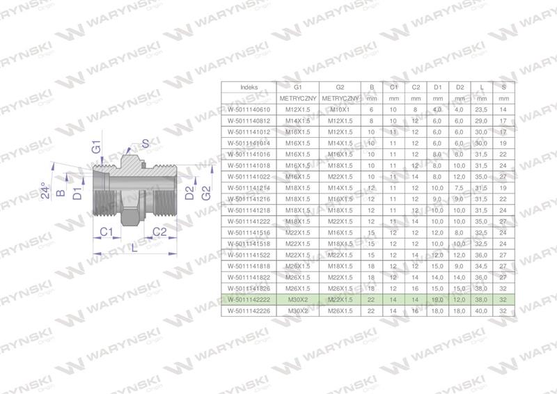 Przyłączka hydrauliczna metryczna BB (XGE) M30x2 22L x M22x1.5 ED Waryński ( sprzedawane po 2 )-61654