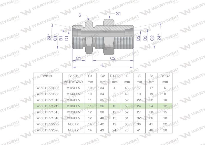 Złączka hydrauliczna metryczna grodziowa BB M18x1.5 12L z przeciwnakrętką (XSV) Waryński ( sprzedawane po 2 )-60302