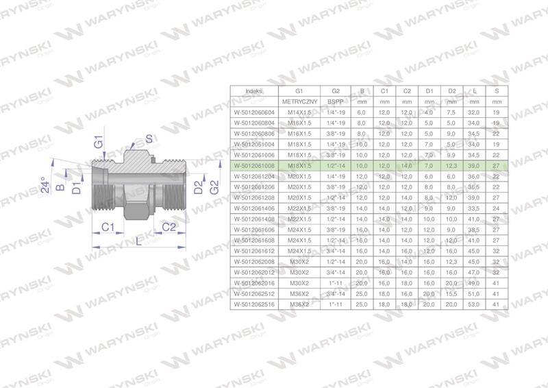 Przyłączka hydrauliczna (odmiana ciężka XGE) BB M18x1.5 10S x 1/2" BSP ED Waryński ( sprzedawane po 5 )-61849