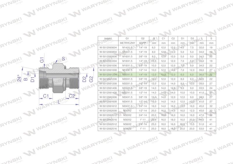 Przyłączka hydrauliczna (odmiana ciężka XGE) BB M20x1.5 12S x 1/4" BSP ED Waryński ( sprzedawane po 5 )-61855