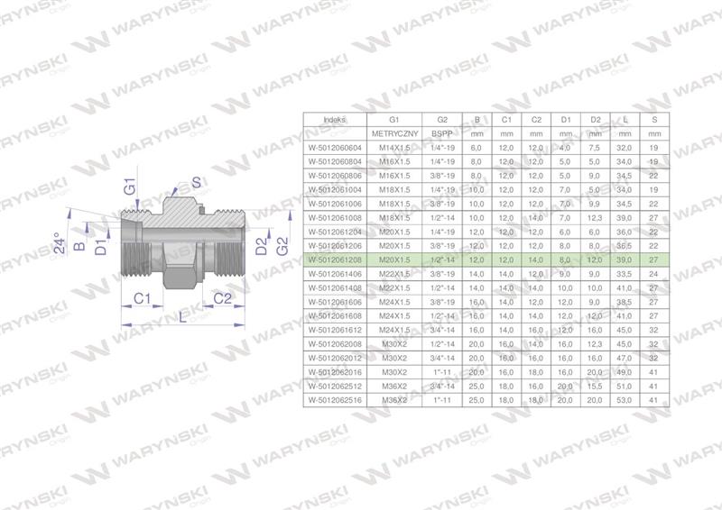 Przyłączka hydrauliczna (odmiana ciężka XGE) BB M20x1.5 12S x 1/2" BSP ED Waryński ( sprzedawane po 5 )-61867