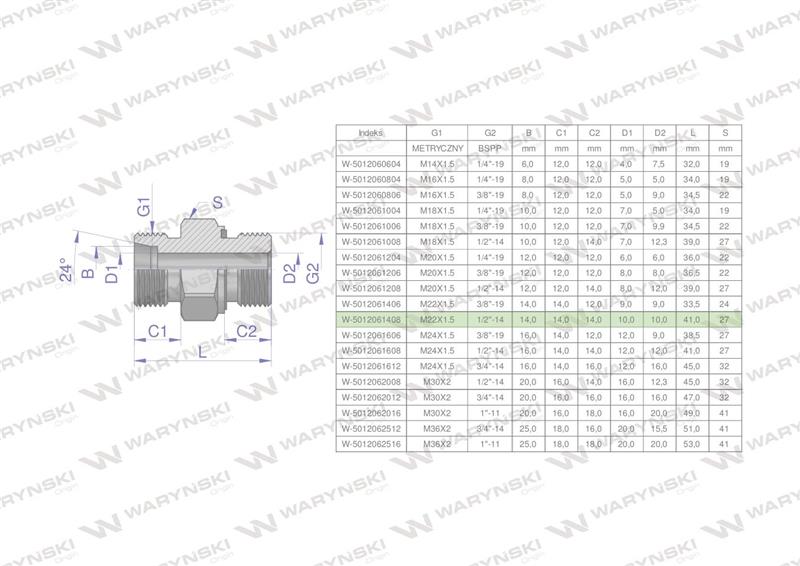 Przyłączka hydrauliczna (odmiana ciężka XGE) BB M22x1.5 14S x 1/2" BSP ED Waryński ( sprzedawane po 5 )-61877