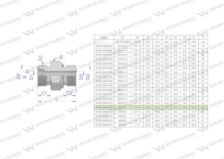 Przyłączka hydrauliczna (odmiana ciężka XGE) BB M30x2 20S x 1/2" BSP ED Waryński ( sprzedawane po 2 )-61900