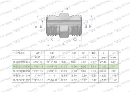 Złączka hydrauliczna calowa BB 11/16" ORFS (UNF) Waryński ( sprzedawane po 2 )-61493
