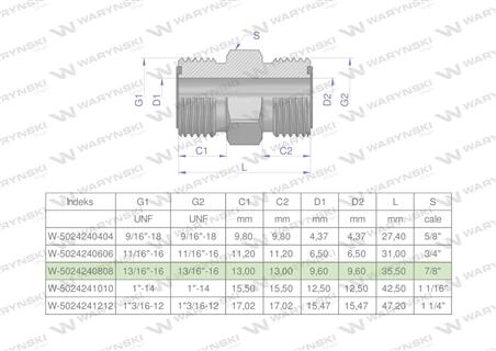 Złączka hydrauliczna calowa BB 13/16" ORFS (UNF) Waryński ( sprzedawane po 2 )-61499