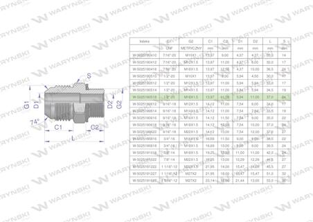 Przyłączka hydrauliczna BB 1/2"UNF (JIC) x M18x1.5 (XGE) Waryński ( sprzedawane po 2 )-61964