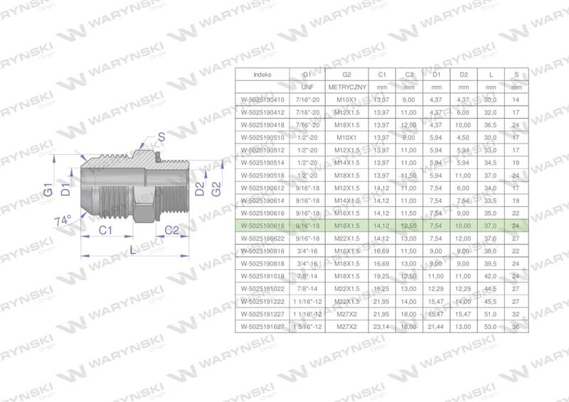 Przyłączka hydrauliczna BB 9/16"UNF (JIC) x M18x1.5 (XGE) Waryński ( sprzedawane po 2 )-61987