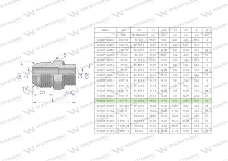 Przyłączka hydrauliczna BB 3/4"UNF (JIC) x M16x1.5 (XGE) Waryński ( sprzedawane po 2 )-61999