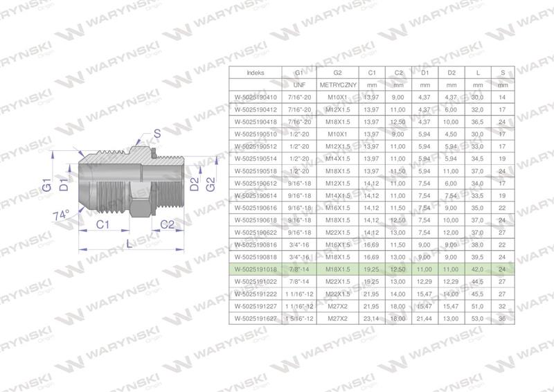 Przyłączka hydrauliczna BB 7/8"UNF (JIC) x M18x1.5 (XGE) Waryński ( sprzedawane po 2 )-62011