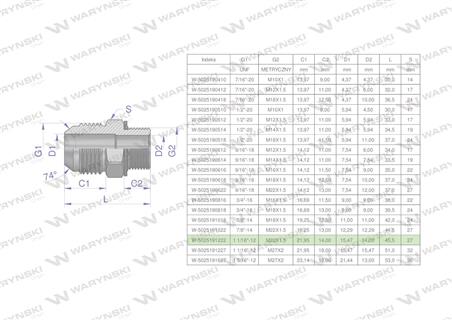 Przyłączka hydrauliczna BB 1 1/16"UNF (JIC) x M22x1.5 (XGE) Waryński ( sprzedawane po 2 )-62022