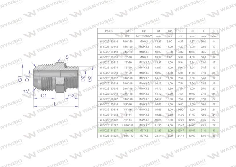 Przyłączka hydrauliczna BB 1 1/16"UNF (JIC) x M27x2 (XGE) Waryński ( sprzedawane po 2 )-62027